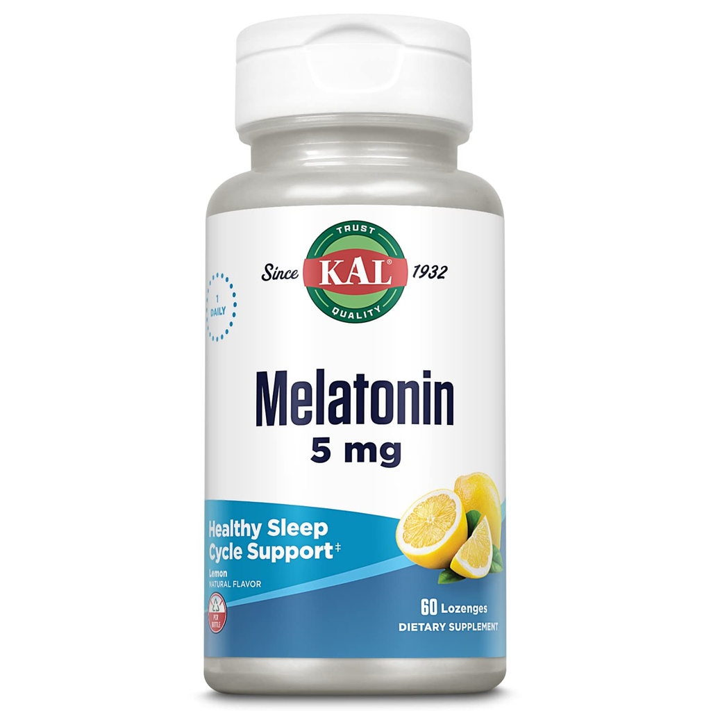 KAL Melatonina 5mg Sleep Aid Lozenges, Melatonin Suplement wspomaga jakość snu, uspokojenie i zdrowy cykl snu, z dodatkiem witaminy B6, Wegetarianin, Natural Lemon Flavor, 60 Lozenges