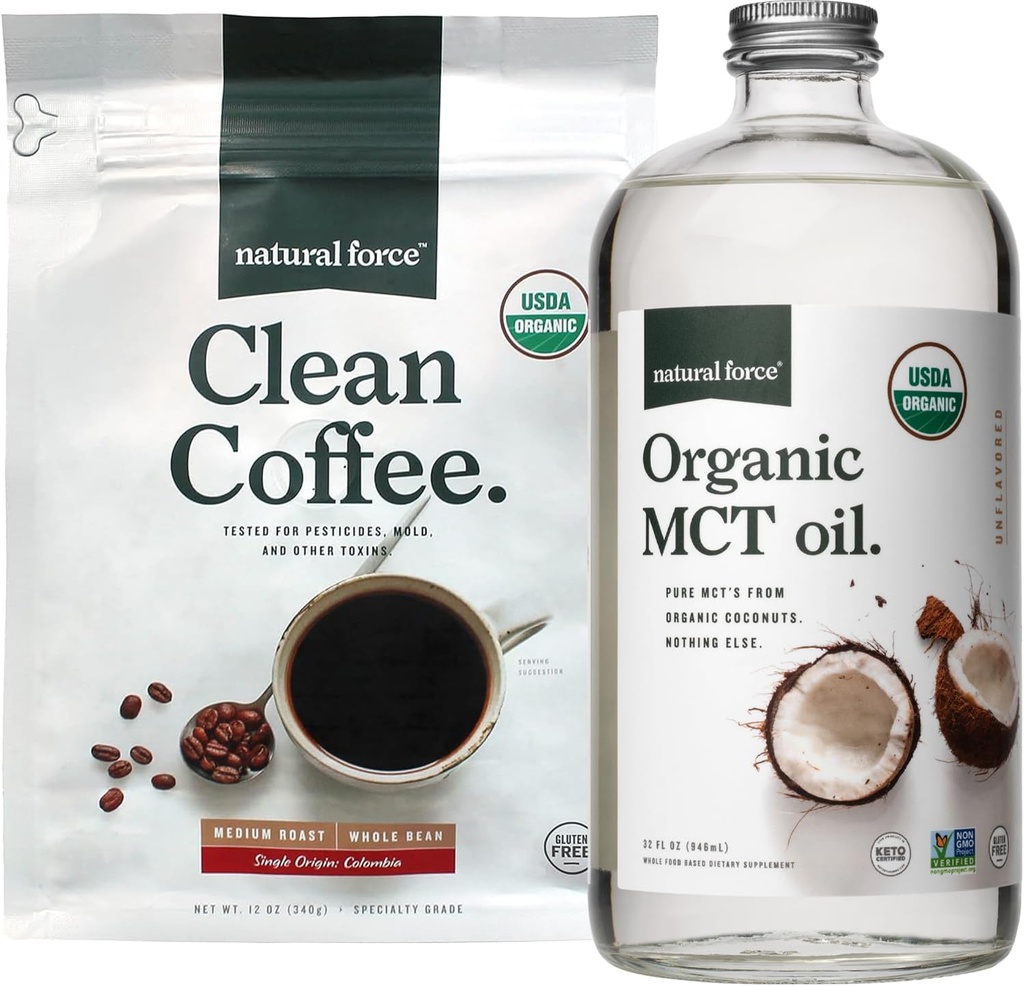 Natural Force Organic Clean Coffee + Organic MCT Oil Bundle - 100% Pure Coconut MCTs & Mold & Mycotoxin Free Coffee - Non-GMO, Keto, Paleo i Vegan - 12 Oz Bag i 32 Oz Butelka szklana