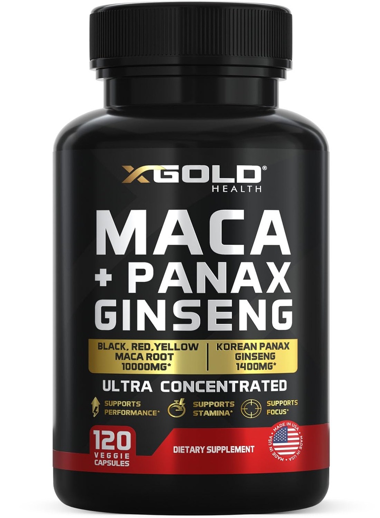 Maca Root kapsułki 10,000mg + Koreański Panax Ginseng 1,400mg - 20x koncentrat ekstrakt czarny + czerwony + żółty Maca Root, 10x koncentrat ekstrakt Panax Ginseng kapsułki - Ultra Potent & Wysoko Oczyszczone