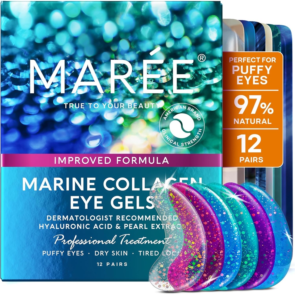 MAREE Eye Gels - Pats Under Eye Patches for Puffy Eyes and Dark Circles with Collagen & Hyaluronic Acid - Anti Wrinkles Under Eye Masks Skincare Treatment for Puffness & Bags - Parches Para Ojeras