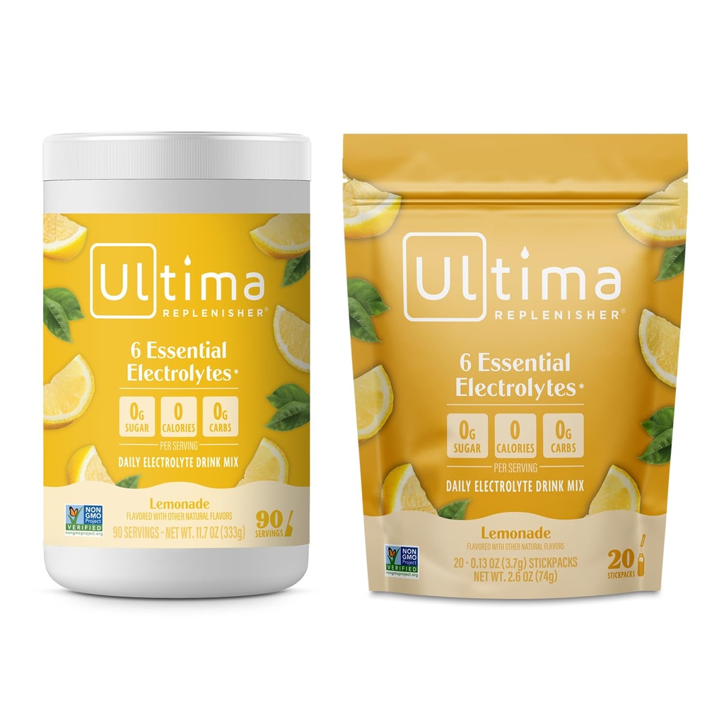 Ultima Replenisher Electrolyte proszkowy zestaw napojach - Bezcukrowy - Lemoniada, 90 Pojemnik do podawania i 20 Pakiety Stickpack - 6 Elektrolity i minerały - Keto Friendly, Wegan, Non-GMO