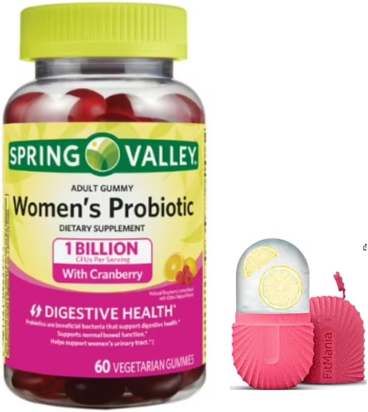 FitMania Spring Valley Kobiece żurawinowe suplement Probiotyczny Spring Valley Wegetariańskie Gumiaki, Malina Lemon, 60 Hrabia i prezent Rolka lodu na twarz