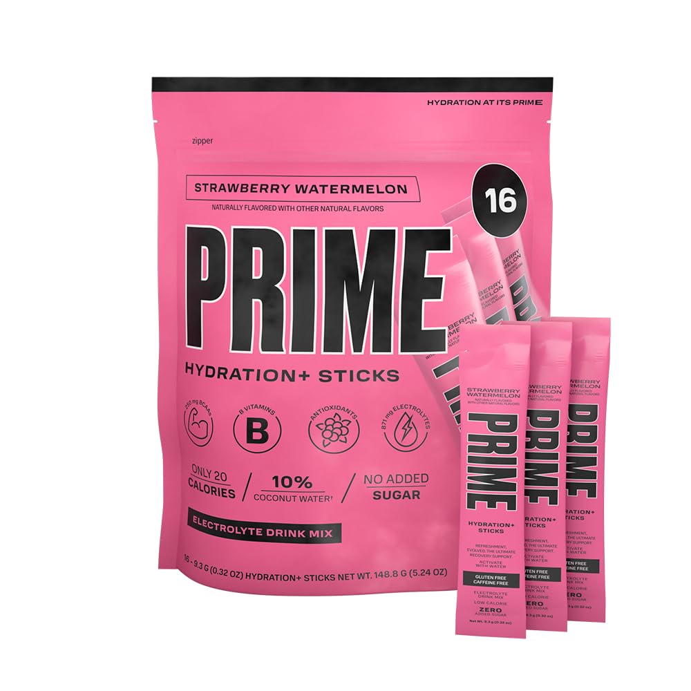 PRIME HYDRATION + Sticks Truskawkowe Arbuzy 124; Proszek do nawadniania Pojedynczy Podawać Kleszcze 124; Proszek elektrolitowy On The Go 124; Niski cukier 124; Wolny od kawy 124; Wegański 124; 16 Sticks