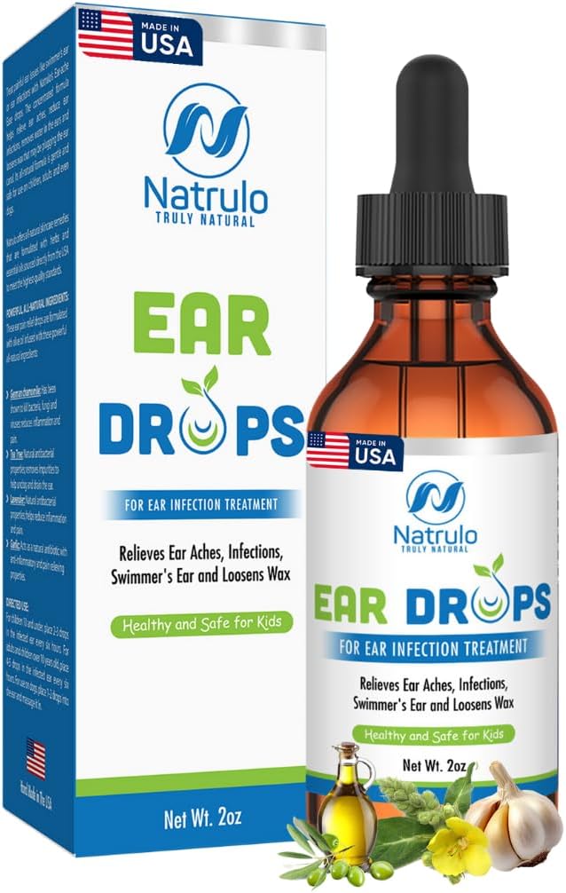 Natrulo Natural Ear Drops for Ear Infection - Homeopatic, Ziołowe krople dla dorosłych, Dzieci & Zwierzęta domowe - dla Uszy, Uszy pływaka, Loosen Wax - Dzieci bezpieczny olej ucha, Made in USA (2 Oz)