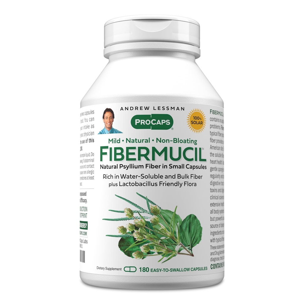 ANDREW LESSMAN Fibermucyl 180 Kapsułki - Pyllium Husk Proszek. Delikatnie promuje regularność i zdrowie pokarmowe. Bogaty w Fiber. Delikatnie, spokojnie, skutecznie. Żadnych dodatków. Małe kapsułki łatwe do połknięcia
