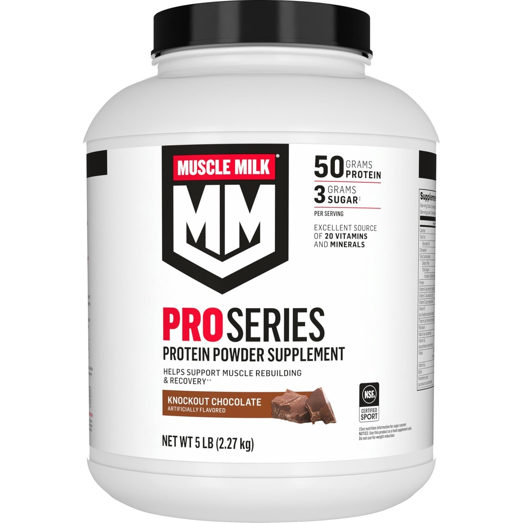 Mięśnie Mleko Pro Seria Proszek do protein Suplement, Knockout Czekolada, 5 Funt, 28 Słupki, 50g Białko, 3g Cukier, 20 Witaminy i Minerały, NSF Certyfikowany do sportu, Trening Recovery