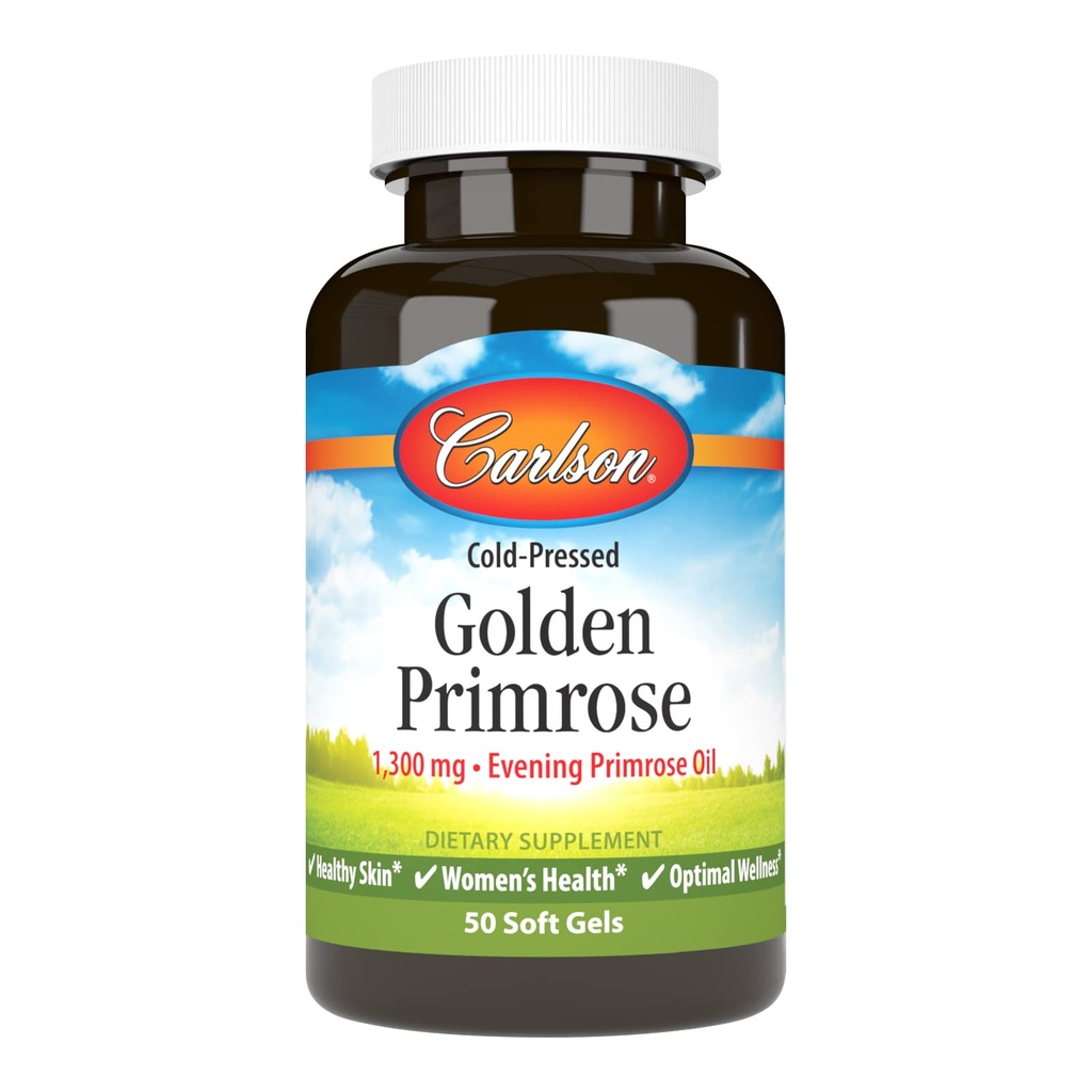 Carlson - Golden Primrose, 1300 mg Wieczorna Primrose Oil, Cold- Pressed, Zdrowa skóra, Zdrowie Kobiet & Optymalne Wellness, 50 Softgels