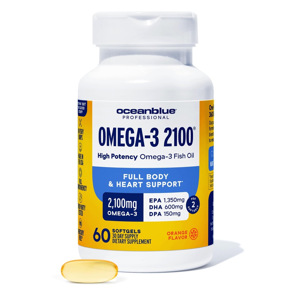 Oceanblue Professional Omega-3 2100- 60 Count - Wysokiej mocy Triple Siła Burpless Fish Suplement oleju z EPA, DHA & DPA - Flavor pomarańczowy, 30 Służenia