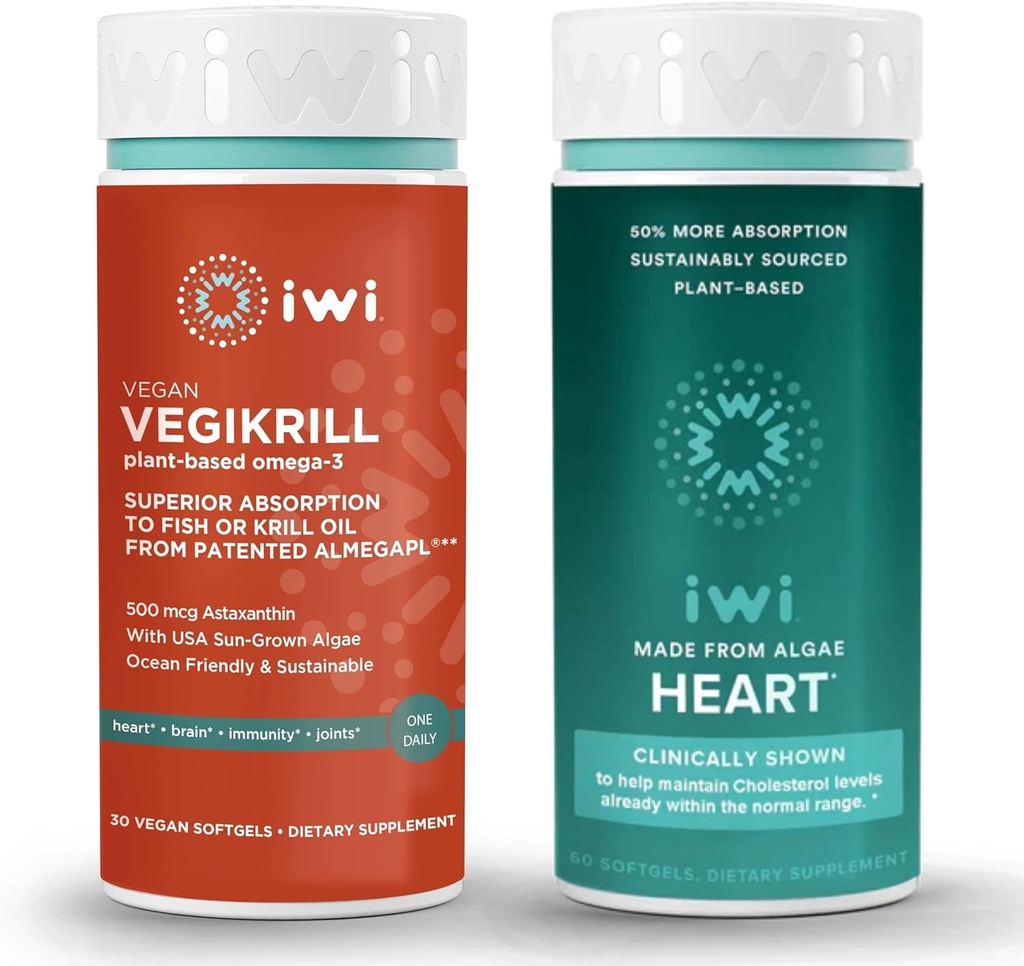iwi Life Vegikrill & Heart Omega-3 Bundle, 30 Służenie, Vegan Plant- oparte Algae Omega 3, Kryll & Fish Oil Alternative, No Fishy Aftersmast