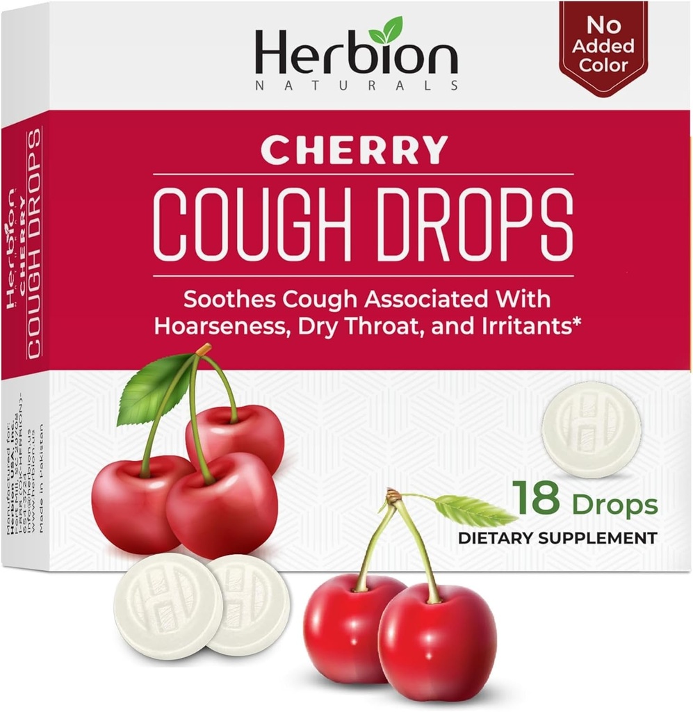 HERBION Naturals Kaszel Drops, Suplement diety, Koszy Kaszel, dla dorosłych i dzieci powyżej 6 lat, Bez sztucznego zapachu, Nie dodawany kolor (18 Count (Pack of 1), Cherry)