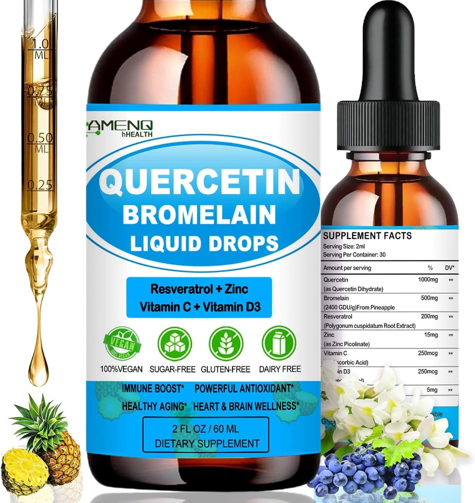 Quercetin z witaminą C i cynkiem - Quercetin płynne krople - Quercetin z bromelainem - Cynk Quercetin - Suplement immunologiczny dla zdrowia układu oddechowego i odpowiedzi organizmu na alergie sporadyczne