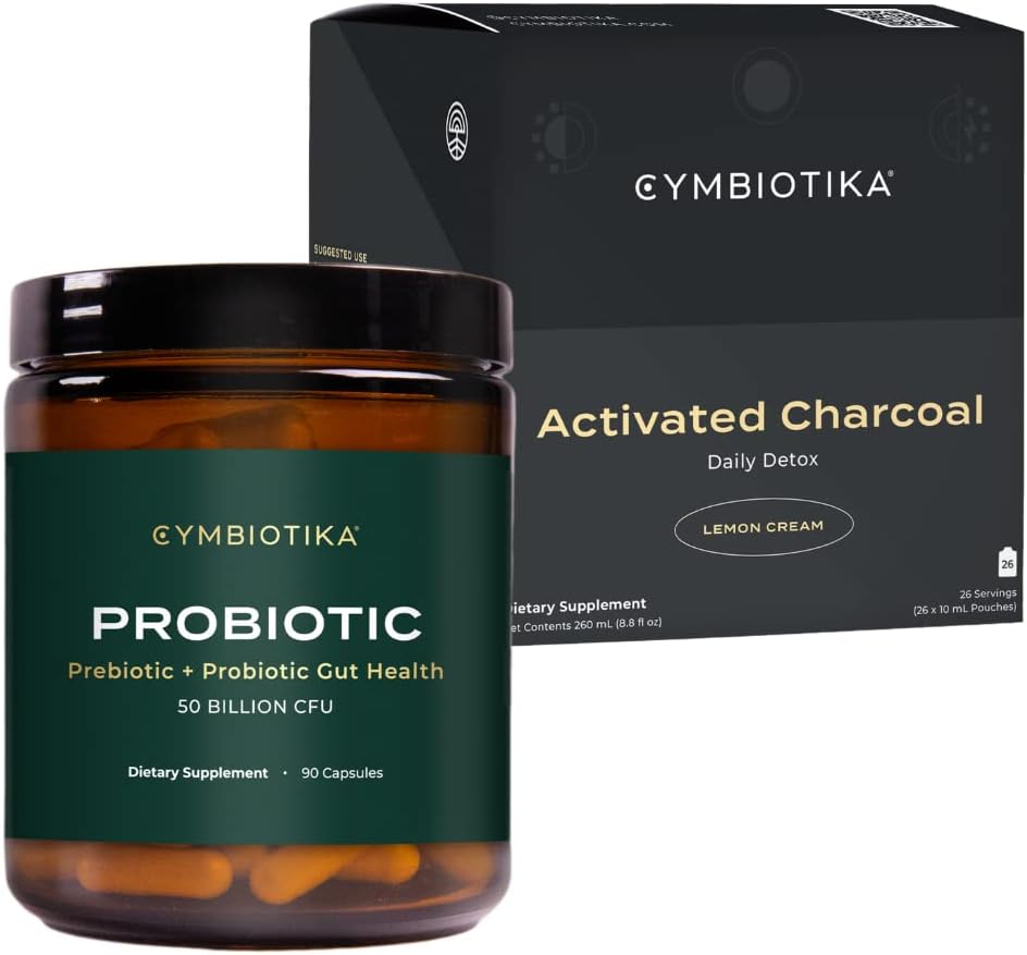 CYMBIOTIKA Probiotic 50 Miliard CFU & Aktywowany Węgiel płynny Suplement, Wspiera zdrową trawienie dla mężczyzn i kobiet, Stomach Detox & Relief, Pomaga łagodzić gaz i wzdęcia, Łatwy w użyciu