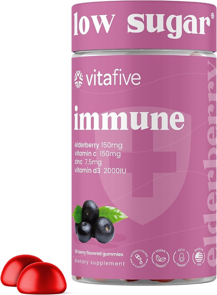vitafive Elderberry Gummies - niskocukrowe wsparcie immunologiczne dla dorosłych - z witaminą C i cytratem cynku - Vegan, Allergen Free (50 Ct)