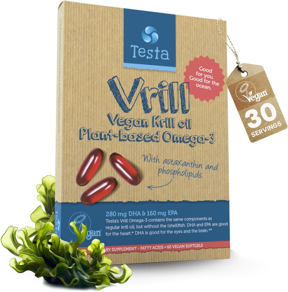 Testa Omega 3 Vegan Krill Supplement- 1000mg Softgels, 2 Times More Omega-3, DHA, EPA, Astaksantyna, Fosfolipidy - Serce, Mózg, Oko, Wspólne Wsparcie - Nie z ryb, Algae Source - 60 Softgels