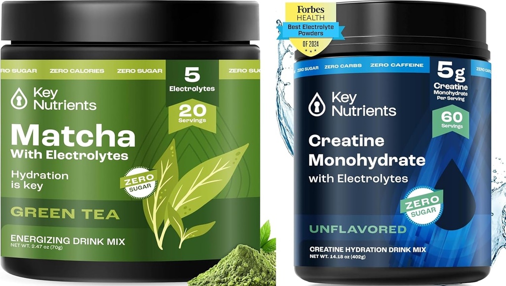 KLUCZOWE NUTRIMENTY MATCHA Proszek i Kreatyna Monohydrat Bundle - Niesłodzona Matcha Green Tea (20 Słupki) + Mikronizowany Stworzenie Proszek Suplement (60 Słupki) - Boost Energy, Focus & Performance