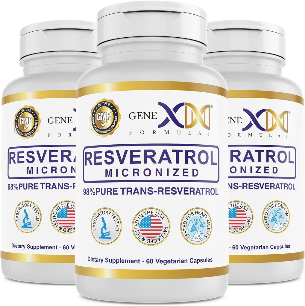 Genex EFLAS 98% Pure Trans- Resveratrol with BioPerine ® for Absorption (3 Pack) Mikronizowane, Testowane, W pełni stabilizowane Resveratrol 600mg - 180X Trans- Resveratrol kapsułki dla zdrowego starzenia