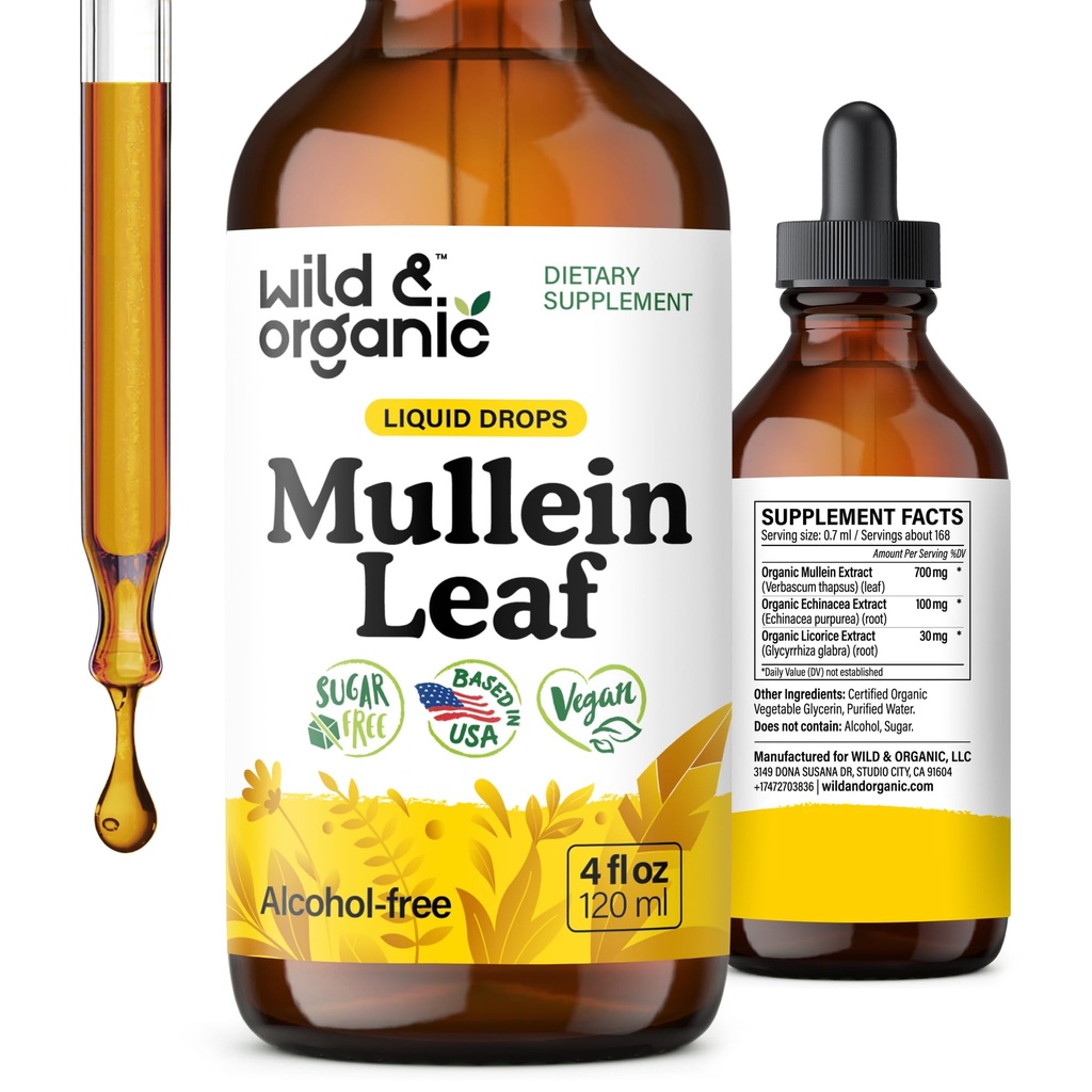 Wild & Organic Mullein Tincture - Lung Cleanse and Detox - Liquid Mullein Leaf Extract for Lungs with Echinacea - Verbascum Thapsus Drops - Vegan, Sugar & Alcohole Free Supplement - 4 fl oz