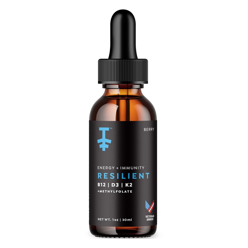 PROTEKT Resilient Witamina D3 K2 B12 Krople - Liquid B12 K2 D3 Suplement witaminy z metylofolianem, Liquid Drops for Energy & Recovery, Methy Folate for Sleep & Mood - Natural Berry 30 ml