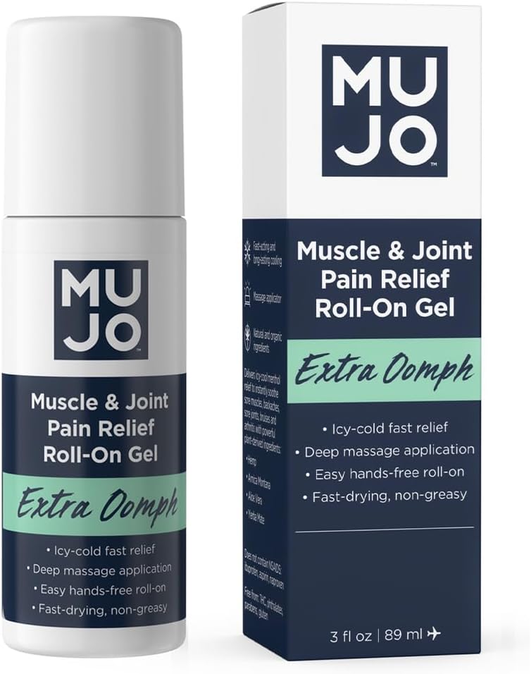 MUJO Extra Oomph - Quick Pain Relief Roll- On Gel + Organic Menthol + ITY Relief mięśni + Fast- Acting Menthol + Aloe + Arnica - dla Joint and Back Aches - 3 fl oz