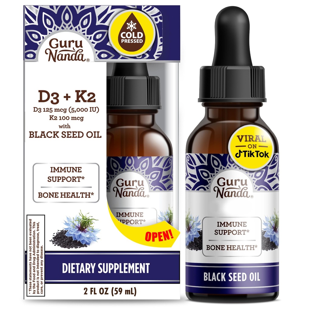 GuruNanda Black Seed Oil, Cold- Pressed Nigella Sativa - Bogaty w witaminy D3 5000 jednostek, K2 & E, Wysoki Thymochinon 124; Potężny przeciwutleniacz do immunologicznego wsparcia, Non-GMO, 2 Fl.oz