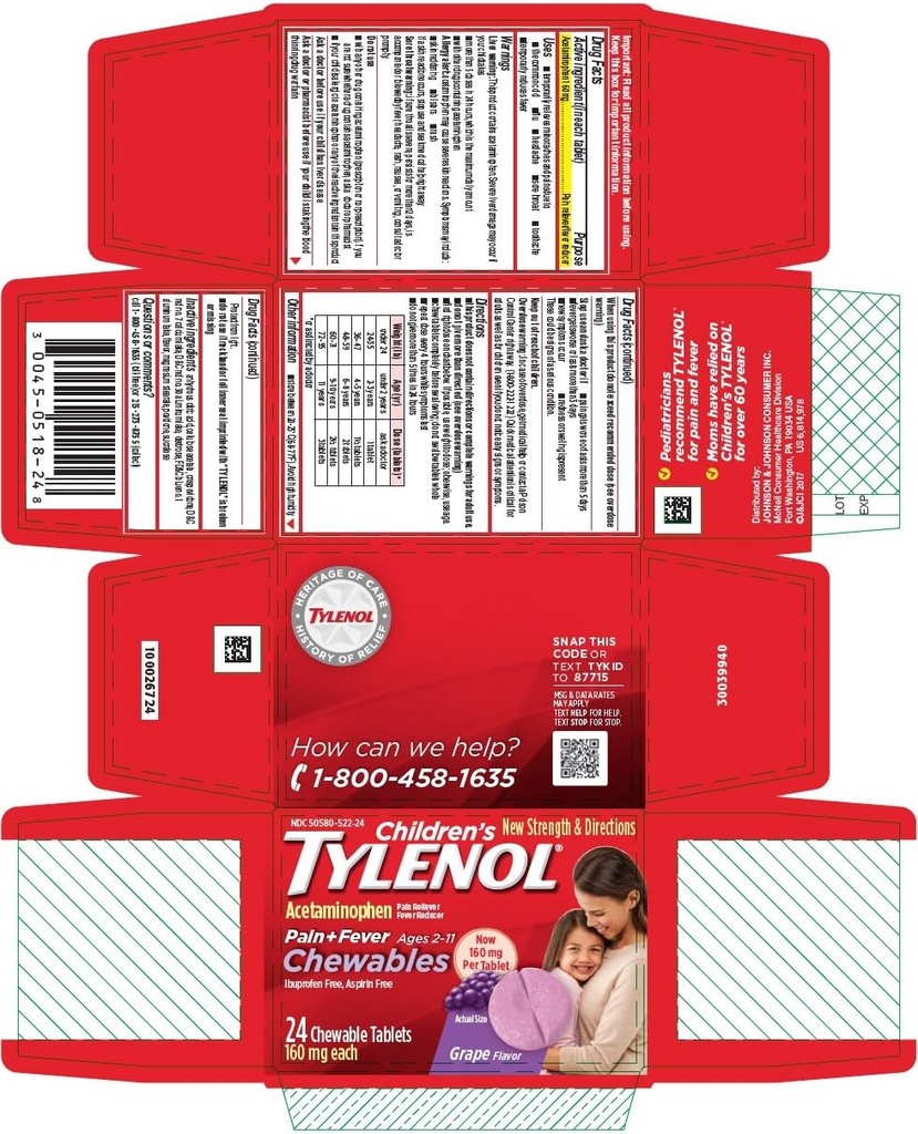 Tylenol Ból u dzieci + gorączka Tabletki do żucia Grape Flavor - 24 ct, Opakowanie po 4