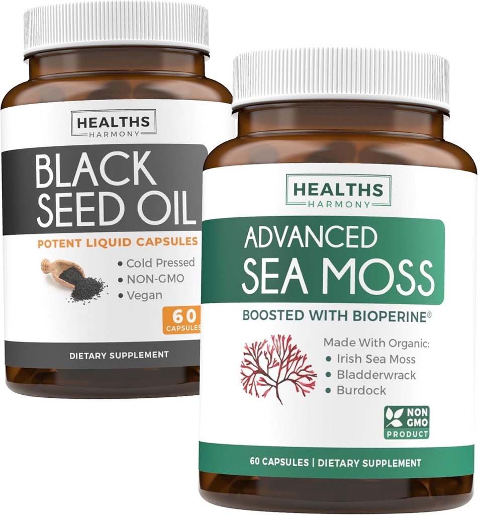 Olejek z nasion czarnego i mech z Morza Irlandzkiego (1- Month Supply) - Wellness Duo Bundle of Black Seed Oil (60 Capsules) Cold- Pressed Nigella Sativa & Irish Sea Moss (60 Capsules) z Bioperine i Bladderwrack