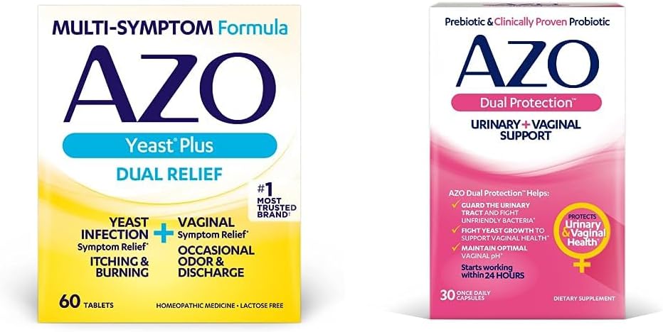 AZO Yeast Plus Dual Relief 60 Tablets, Yeast Infection & Vaginal Symptom Relief + Dual Protection, Urynary + Vaginal Support *, Prebiotic Plus Clinically Proven Women Probiotic 30 Count
