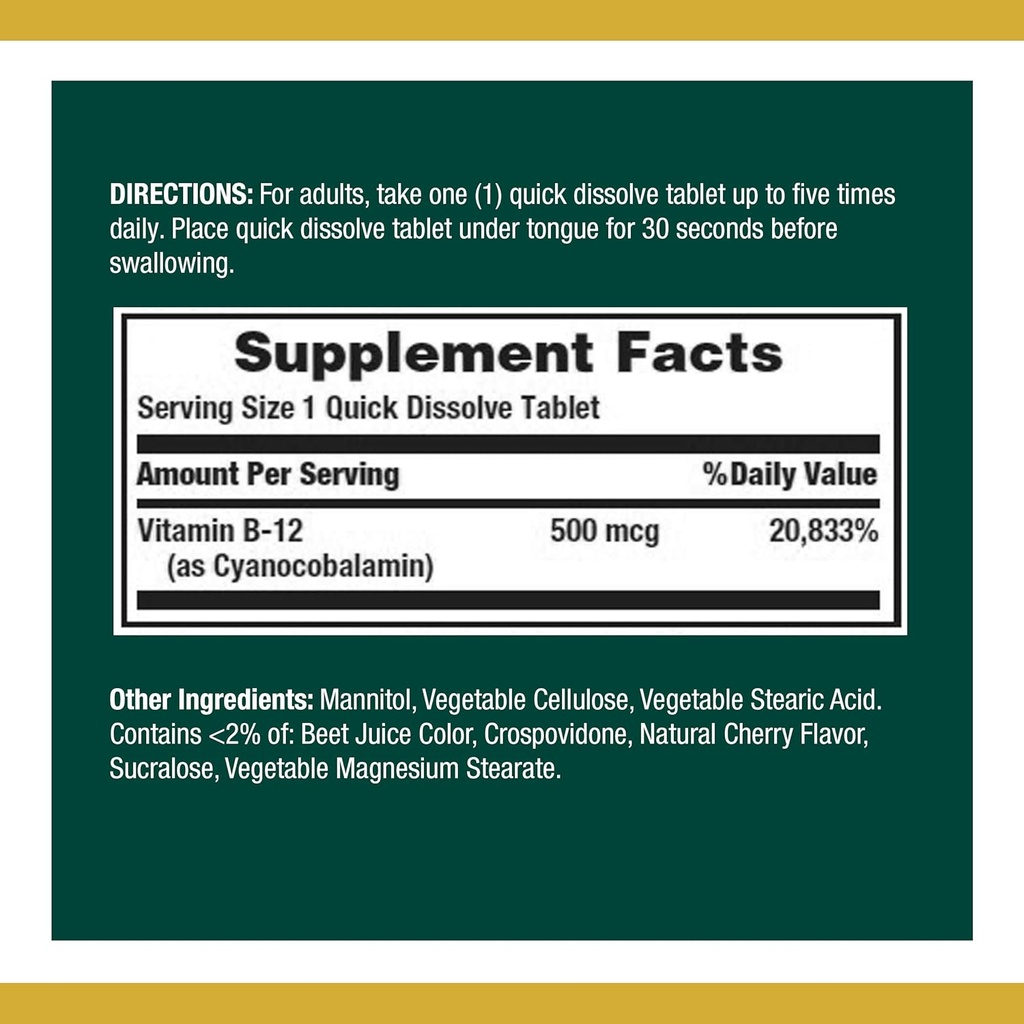 Nature's Bounty Vitamin B12, Supports Energy Metabolism and Nervous System Health, 500mcg, 100 Quick Dissolve Tablets (Pack of 2)