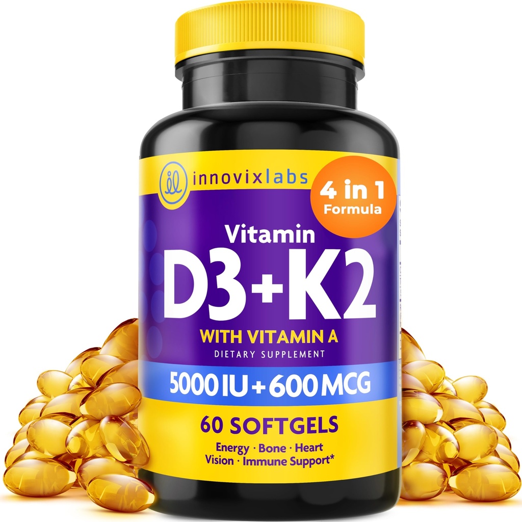 InnovixLabs Witamina D3 K2- 5000 IU Witamina D3 Plus 600 µg Witamina K2 MK4 i MK7 do Max Wchłanianie wapnia, Wspiera kość, immunologiczne, Heart Health, Trzeciej Tested Party, Gluten Free, 60 Softgels