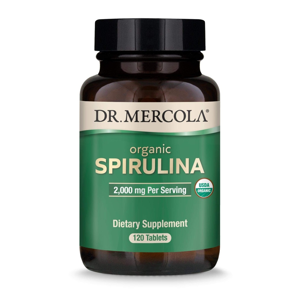 Dr. Mercola Organic Spirulina - 2000 mg - USDA Organic - Wspiera normalne detoksykacji i immunologiczne zdrowie - Whole Food Superfood - Non-GMO, Gluten- Free & Soy - 120 Tablets