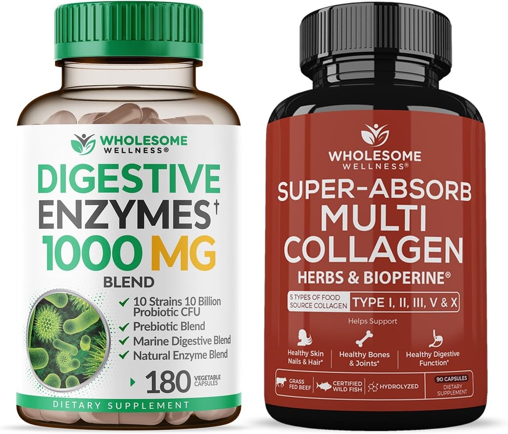 Zdrowy Wellness Digestive Enzymes 1000MG Plus Prebiotyki i suplement probiotyki + Super- Absorb Multi Collagen Pills (Typ I II III V X) Zioła organiczne i Bioperine Bundle