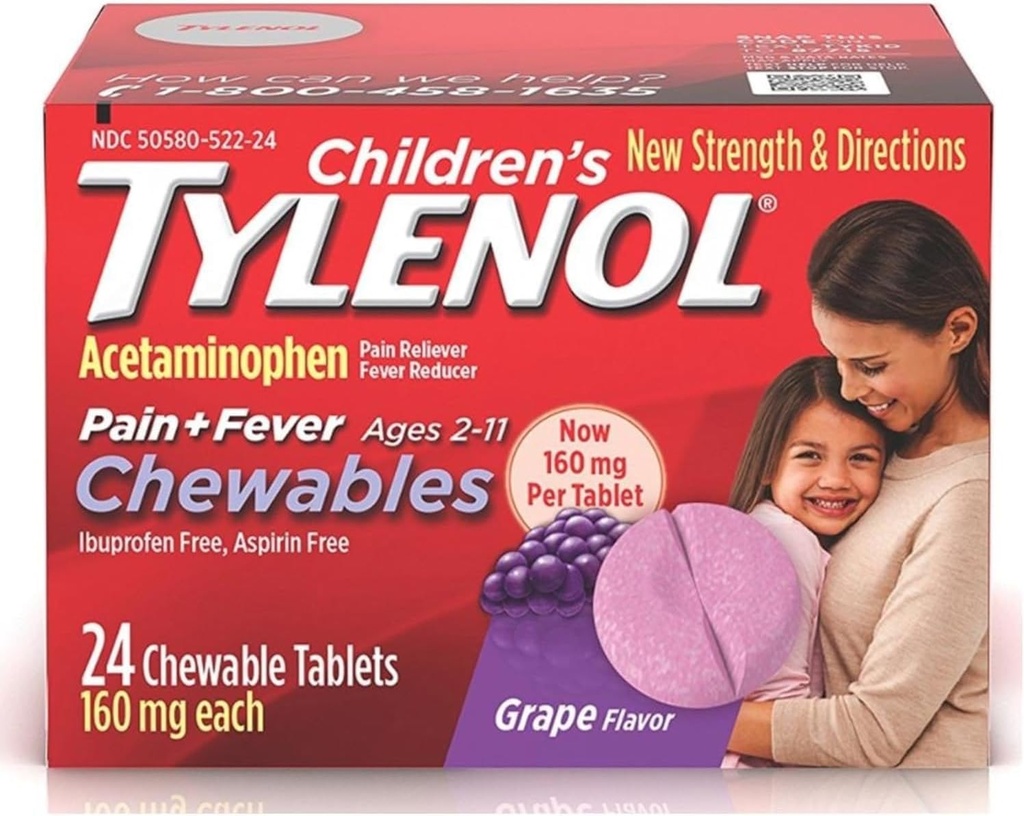 Tylenol Ból u dzieci + Gorączka Tabletki do żucia 160 mg, Grape Flavor 24 ea (3 opakowania)