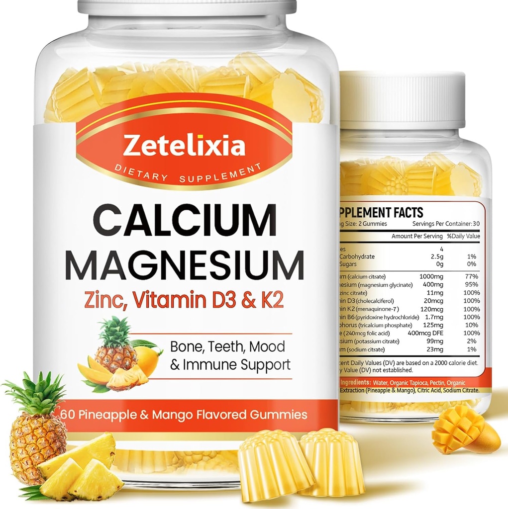 Gummie wapniowe dla kobiet, Cynk magnezowy wapnia z witaminą D3 & K2, Suplement magnezu wapnia dla muskułów B0nes, Ananas & Mango Flavor - 120