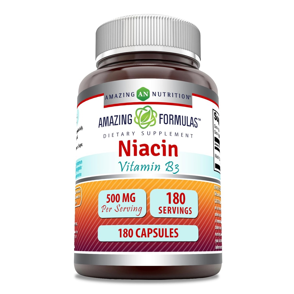 Amazing Supplement Niacin Equipment 124; 500 Mg Per Serving Equipment 124; 180 Capsules Equipment 124; Non-GMO Equipment 124; Gluten- Free Equipment 124; Made in USA