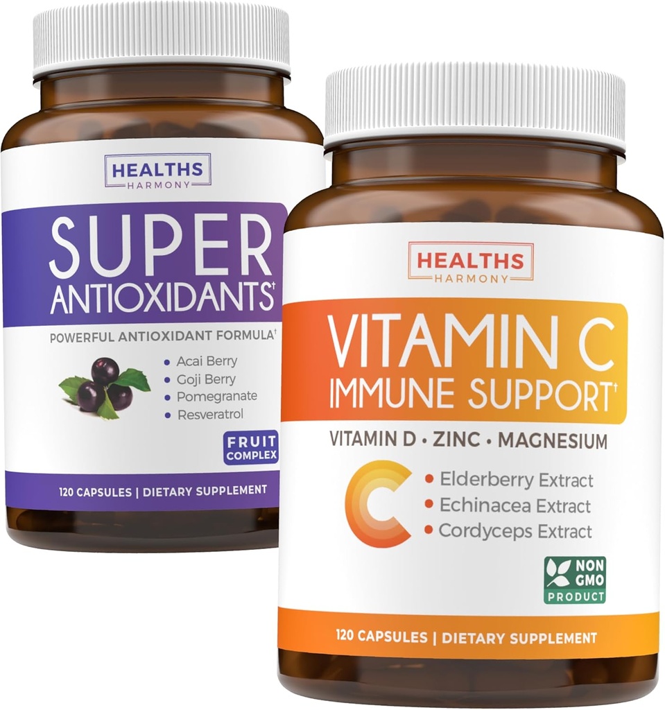Przeciwutleniacze & Wsparcie immunologiczne (2- Miesiące Supply) Mieszanka immunologiczna Vitality - Super Przeciwutleniacze - Potężny Super Food Daily Blend (120 Czapki) & Suplement wsparcia immunologicznego z Witamina C i Cynk