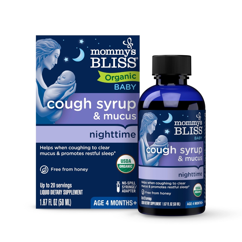 Mamuśka Błogość Organic Baby Syrop Kaszel & Mucus Night Time, Zawiera Organic Agave i Ivy Leaf, Made for Babies 4 miesiąc +, 1.67 Fluid Ounces