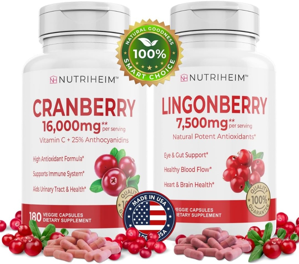 Wszystkie w jednym PAC Bundle - Żurawiny i Lingonberry Kapsułki - Witamina C i 25% Proantocyjanidyny do Traktu moczowego, Gut Health, Wsparcie przeciwutleniacze - Non-GMO, Gluten- Free, suplement wegański