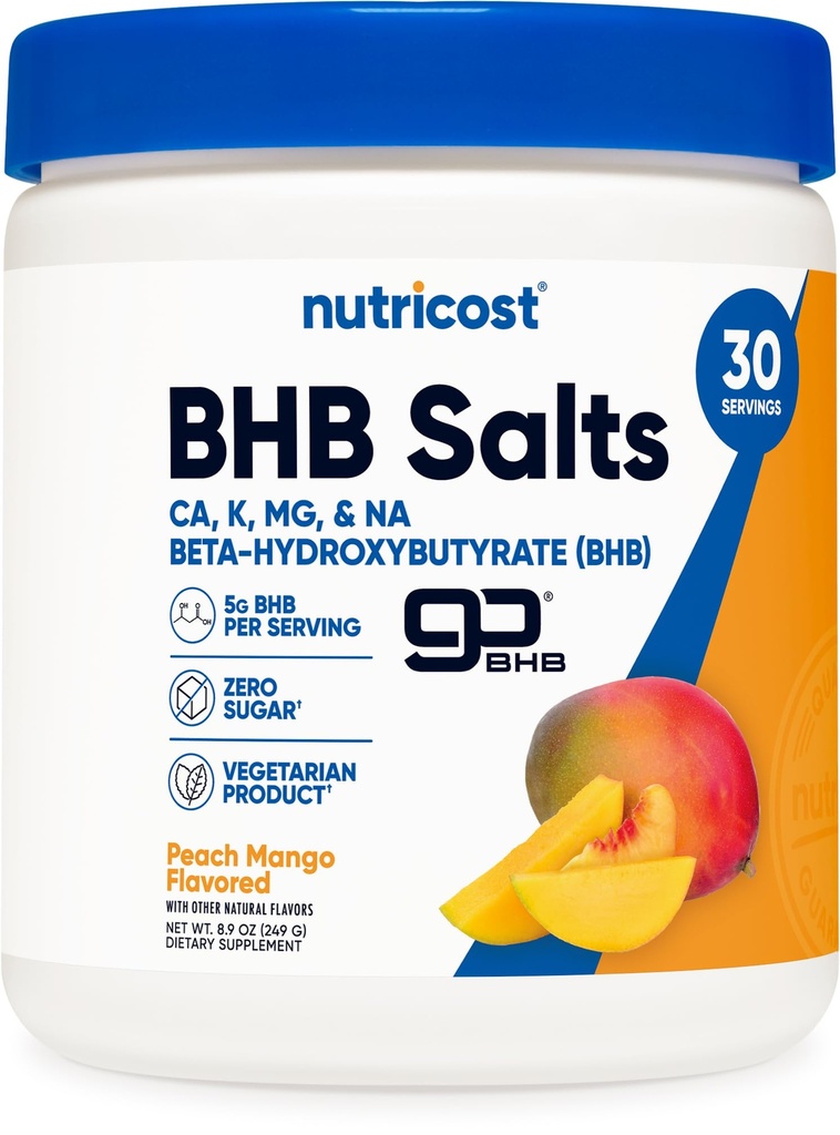Nutricost BHB Salts Drink Mix (30 Servings, Peach Mango Flavored) (5G BHB Per Serving) - 0G Sugary ogółem, Produkt wegetariański