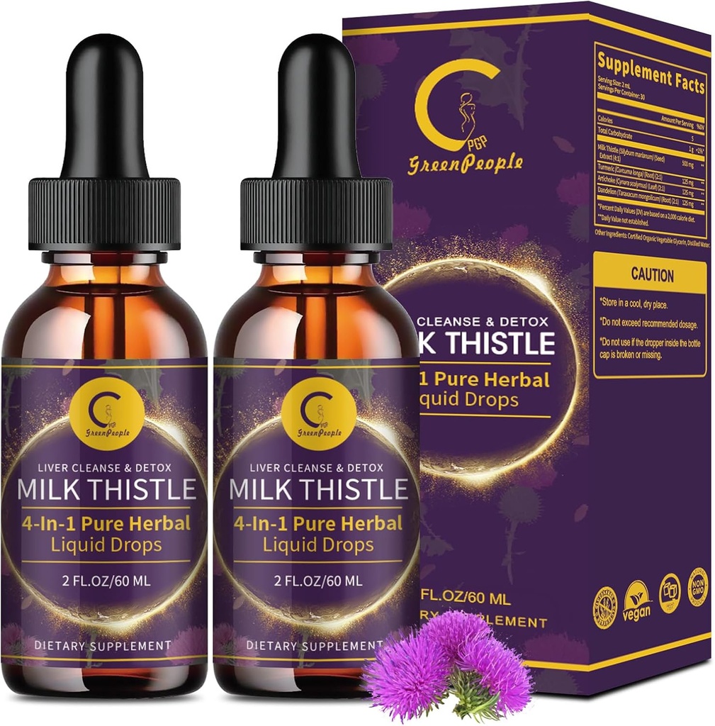 (2 Pack) Mleko gęste płynne krople do detoksykacji i naprawy wątroby, Mleko grudki Suplement z Dandelion Root, Karczoch i Turmeric do wsparcia wątroby i zdrowia immunologicznego, Wegan, Non-GMO, 4 FL OZ