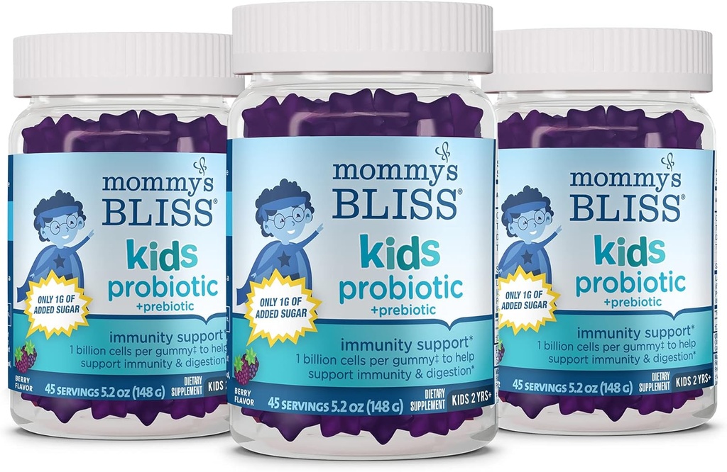 Mamusi Błogość Dzieci Probiotyczne + Prebiotyczne Gummies, Wspiera odporność i trawienie dla dzieci 2 lata +, Mniej cukru, Yummy Berry Flavor, 45 Hrabia (Pack of 3)