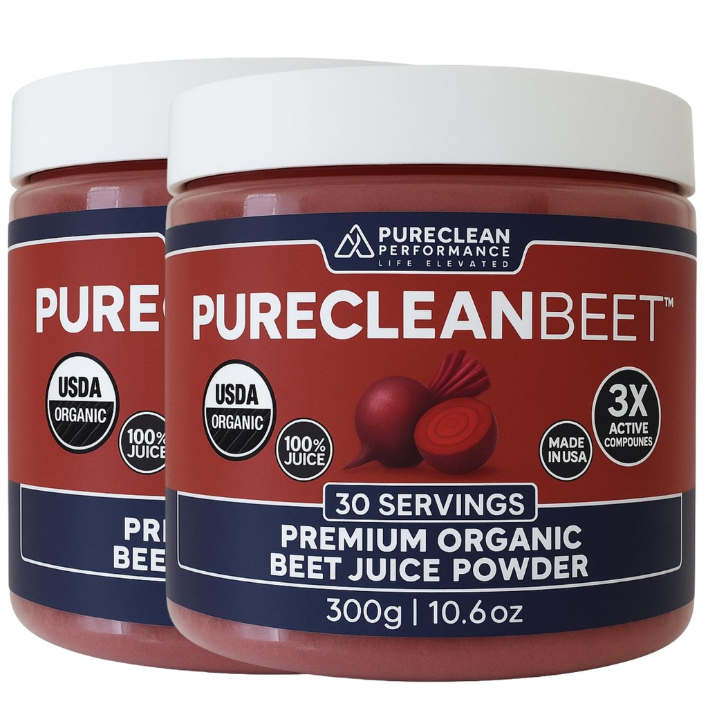 PureClean Organic Beet Juice Powder - Suplement tlenku azotu - 100% USA Hodowane Beets - Organic Beet Root Powder 30 Służenia, 300g (2 Słoje 60 Służenia)