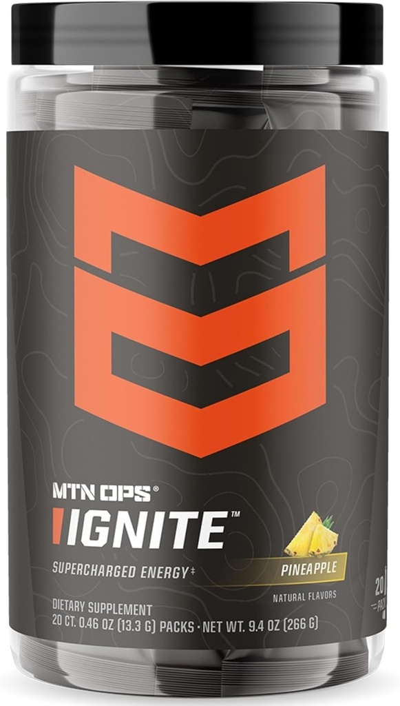 MTN OPS Ignite Trail Packs Energy Drink Powder, Gluten Free Nootropic Supplement Drink Mix, L Arginina, L Citrulina, Kofeina & Nootropic Sugar Free Drink Mix, 20 Słupki, Ananas Crush