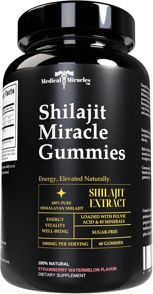 Medical Miracles Shilajit Gummies - 1000mg Pure Himalayan Extract w/Fulvic Acid, Vegan, Sugar-Free, High Potency. Energy & Immunity Support with Over 84 Minerals. 60 Delicious Gummies