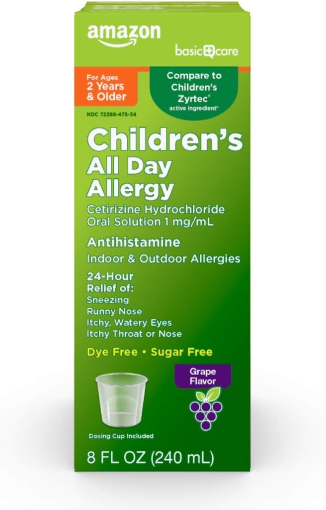 Pielęgnacja podstawowa 24-godzinna ulga alergiczna dla dzieci, Cetirizine Hydrochloride roztwór doustny 1 mg / ml, Grape Flavor, Dye Free, 8 fl oz (opakowanie po 1)
