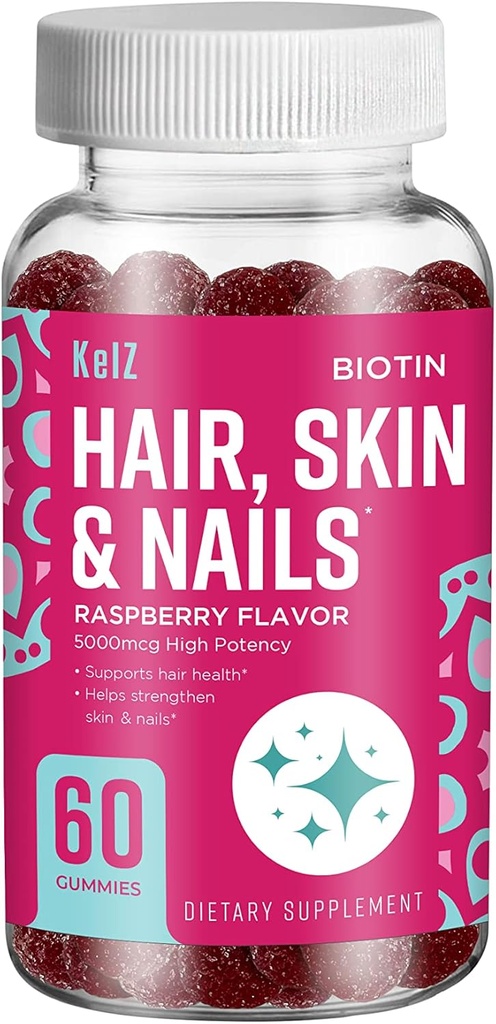 KelZ Biotin włosów, skóry i paznokci Suplement Gumiaki, Malina Flavor, 60 Hrabia (Opakowanie 1)