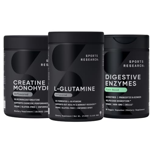Sport Badania L- Glutamina (100 Servings), Monohydrat kreatynowy (60 Servings) i Enzymy z Probiotyki & Ginger (90 Servings) - Wszystkie Non-GMO Zweryfikowane, Wegan & Gluten Free