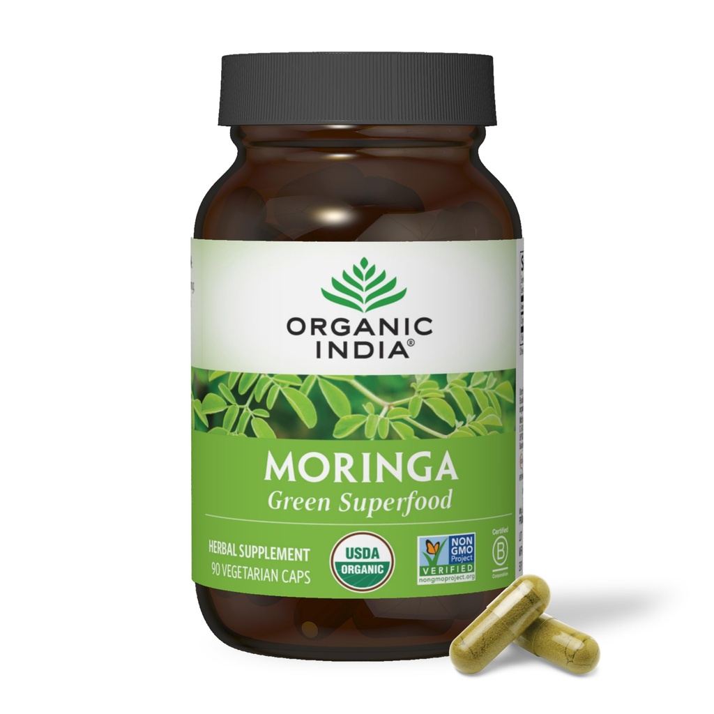ORGANIC INDIA Moringa Kapsułki Organiczne - Moringa Suplement - Zielony Superfood, Moringa Liść Kapsułki, Czysty Supergreen, Wegan Zielonych, Nature 's Multivitamin, Wegan, Gluten- Free - 90 Kapsułki