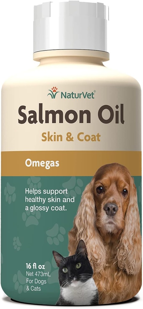 NaturVet Salmon Oil Skin Supplement for Dogs & Cats - Zawiera Omega-3, 6 Kwasy tłuszczowe - Dla zdrowej skóry, błyszczące płaszcze - Supplement Coat Dog, Suplement skóry kota - 16 Oz.