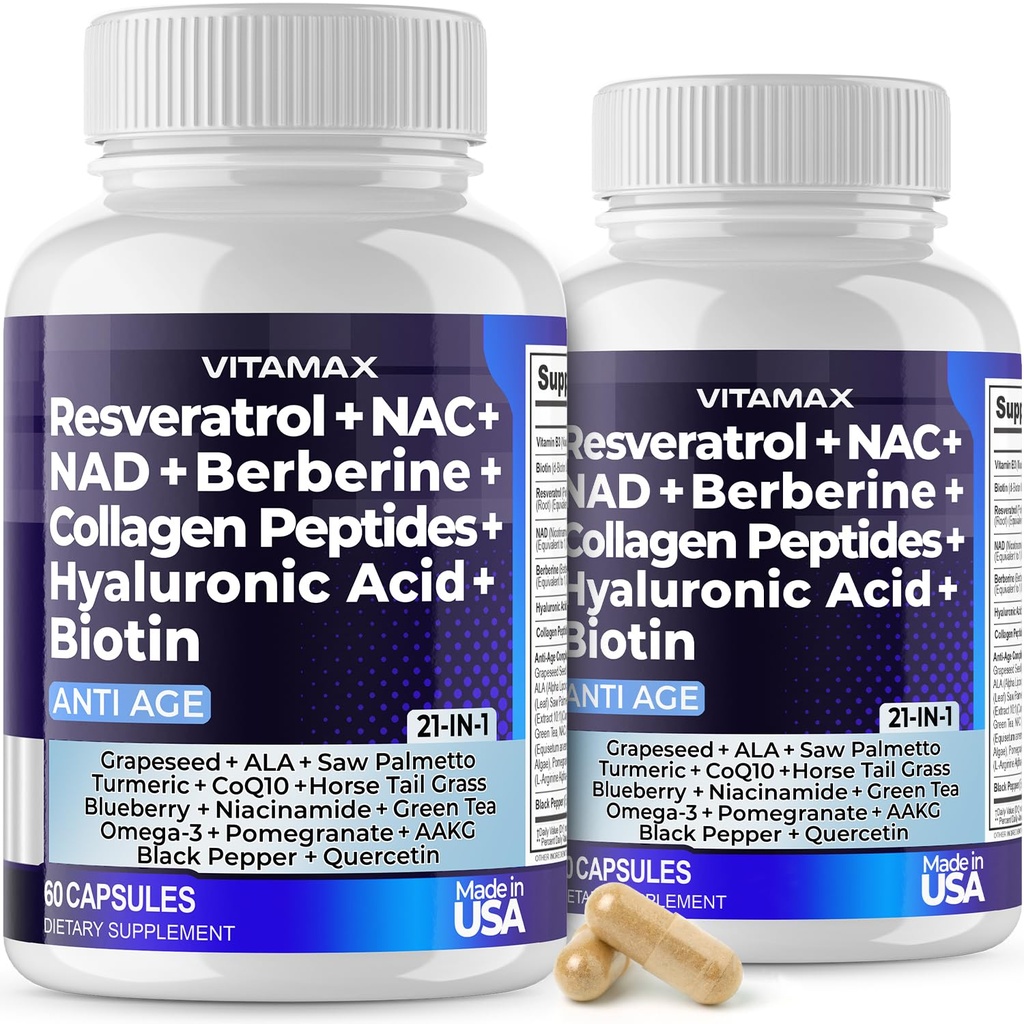 Vitamax Resveratrol NAD + Berberine Hyaluronic Acid - Biotin Grape & Blueberry + NAC - Collagen Peptides - Hair, Nail, Skin & Joint Supplement - 21- in-1 Kobiety i mężczyźni - Made in USA - 120 Count
