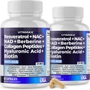 Vitamax Resveratrol NAD + Berberine Hyaluronic Acid - Biotin Grape & Blueberry + NAC - Collagen Peptides - Hair, Nail, Skin & Joint Supplement - 21- in-1 Kobiety i mężczyźni - Made in USA - 120 Count